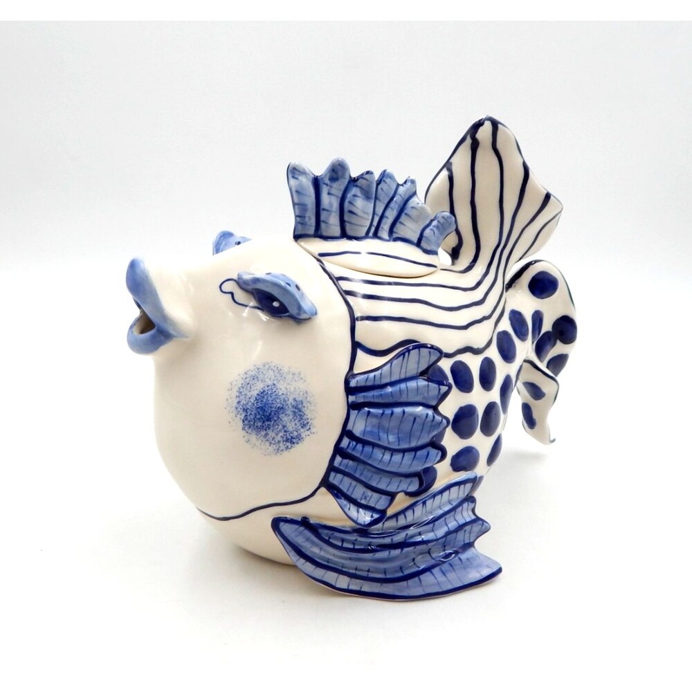 Blue Sky Clayworks Diane Kissy Fish Teapot Blue White Polka Dot 10 Inch 2013